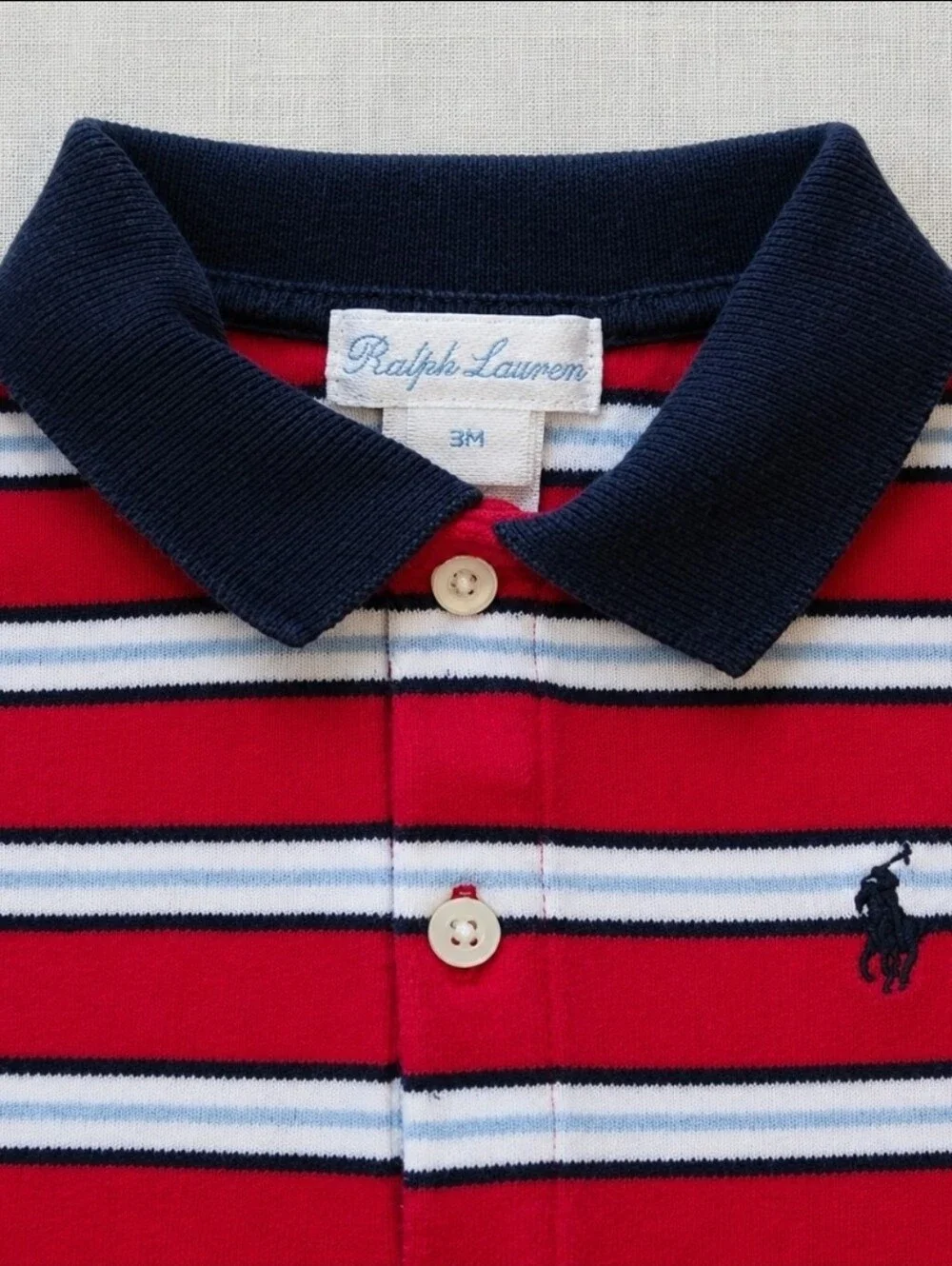 Vintage Ralph Lauren Baby Romper 3M Red Navy Striped Polo Shortall USA Summer